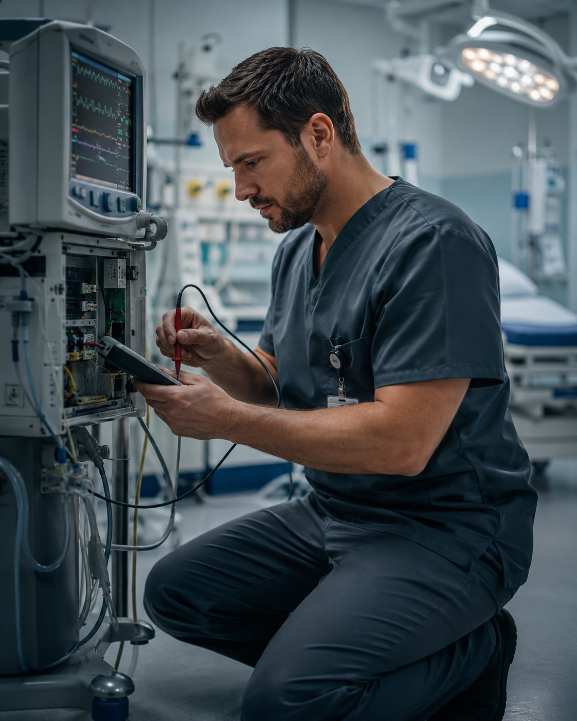 Biomedical equipment technician working on medical equipment in a clinical environment.