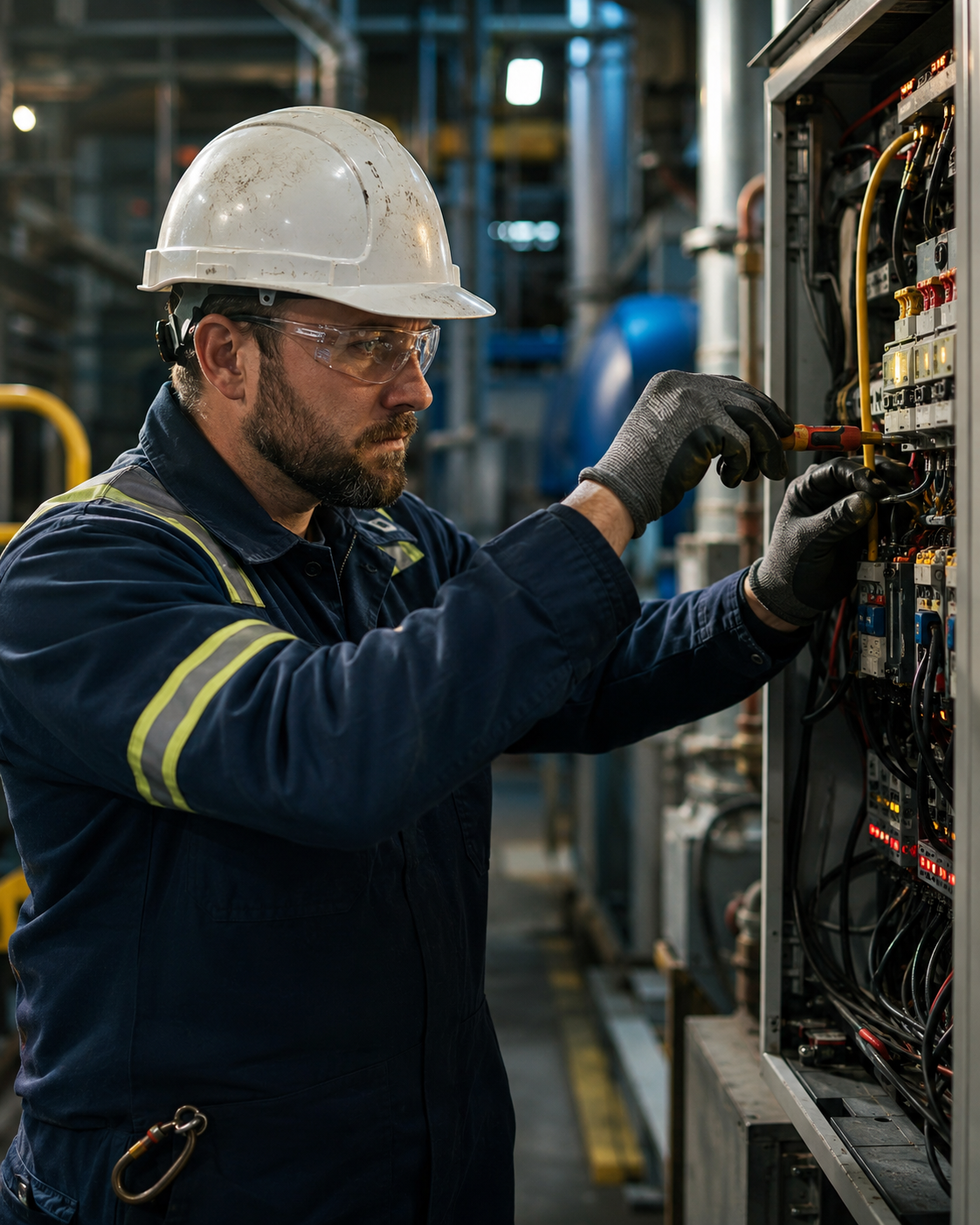 Electrician in high visibility workwear working inside an electrical panel on a large jobsite.