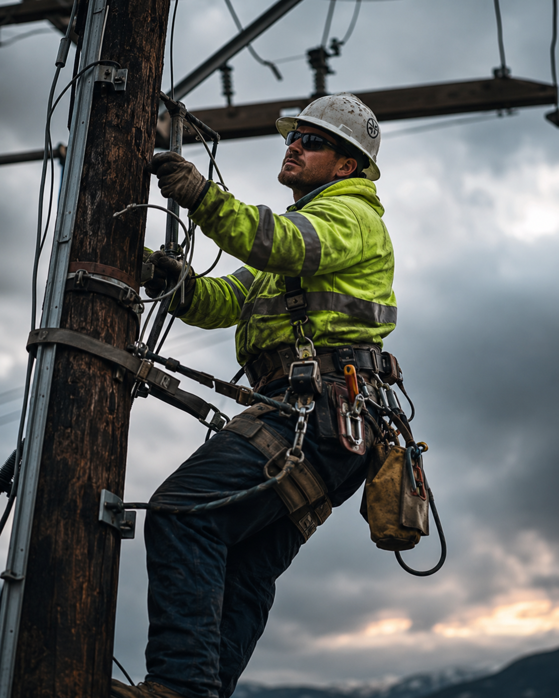 Lineman in high visibility workwear working on utility infrastructure.