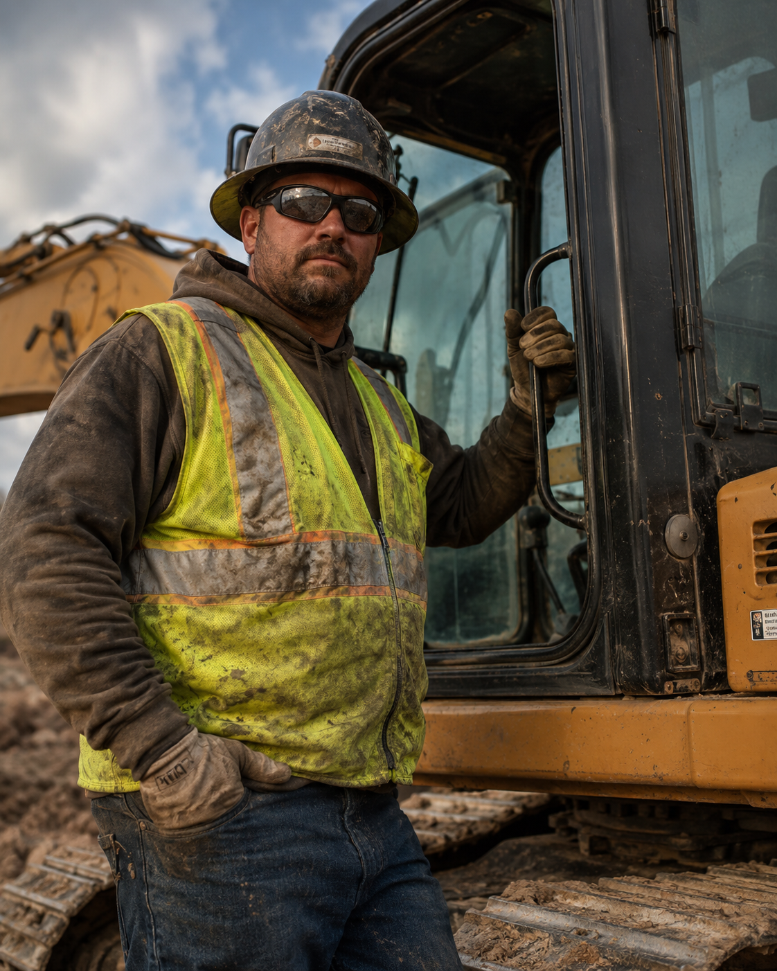 Mechanic or heavy equipment operator standing beside machinery on a jobsite.