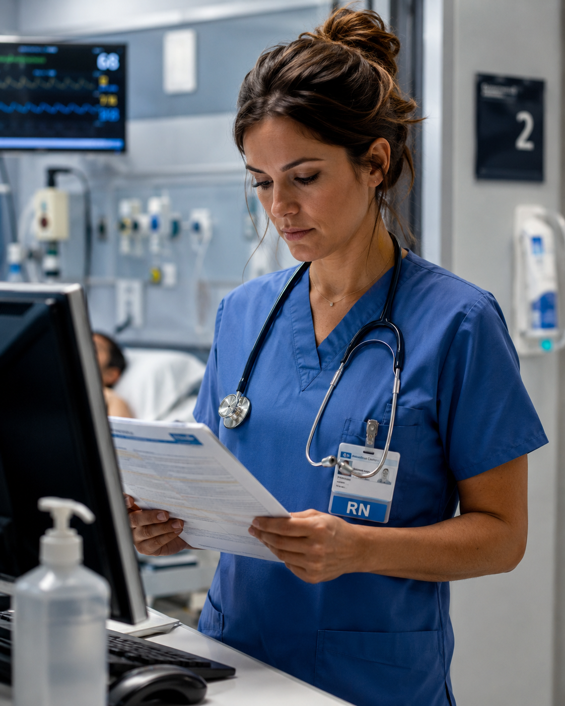 Nurse in scrubs working in a clinical care setting.