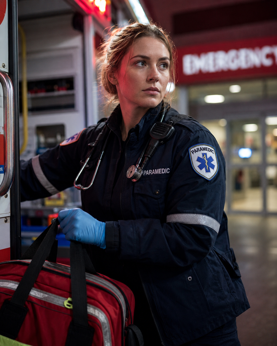 Paramedic in the field near an emergency response setting.
