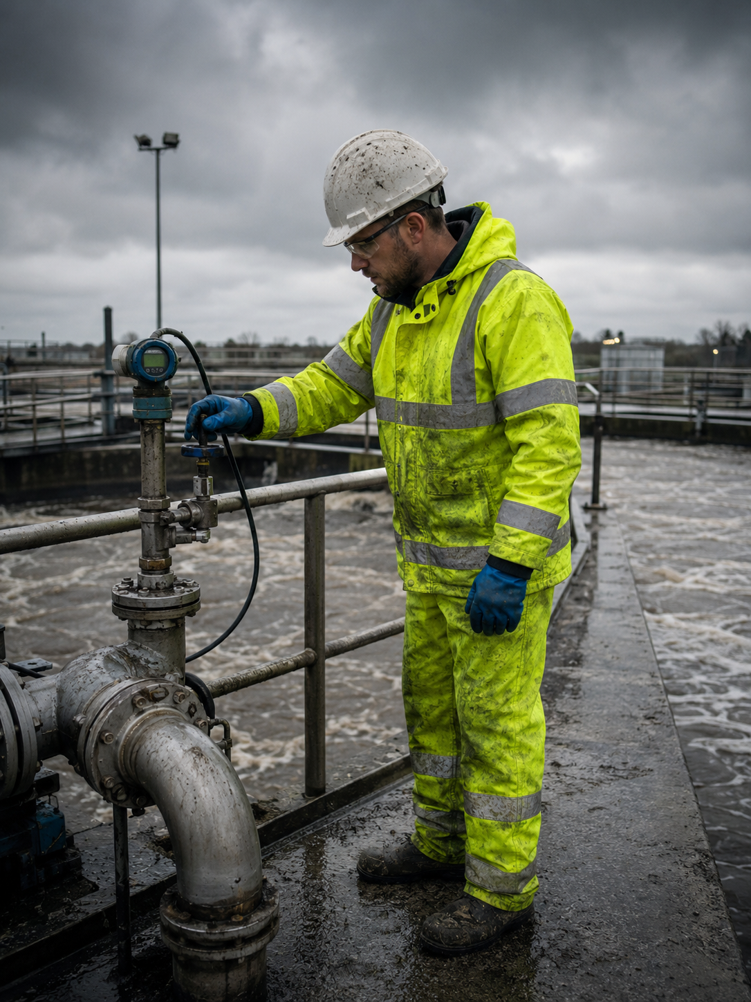 Wastewater treatment or collections worker inspecting pipes and equipment at a treatment facility.